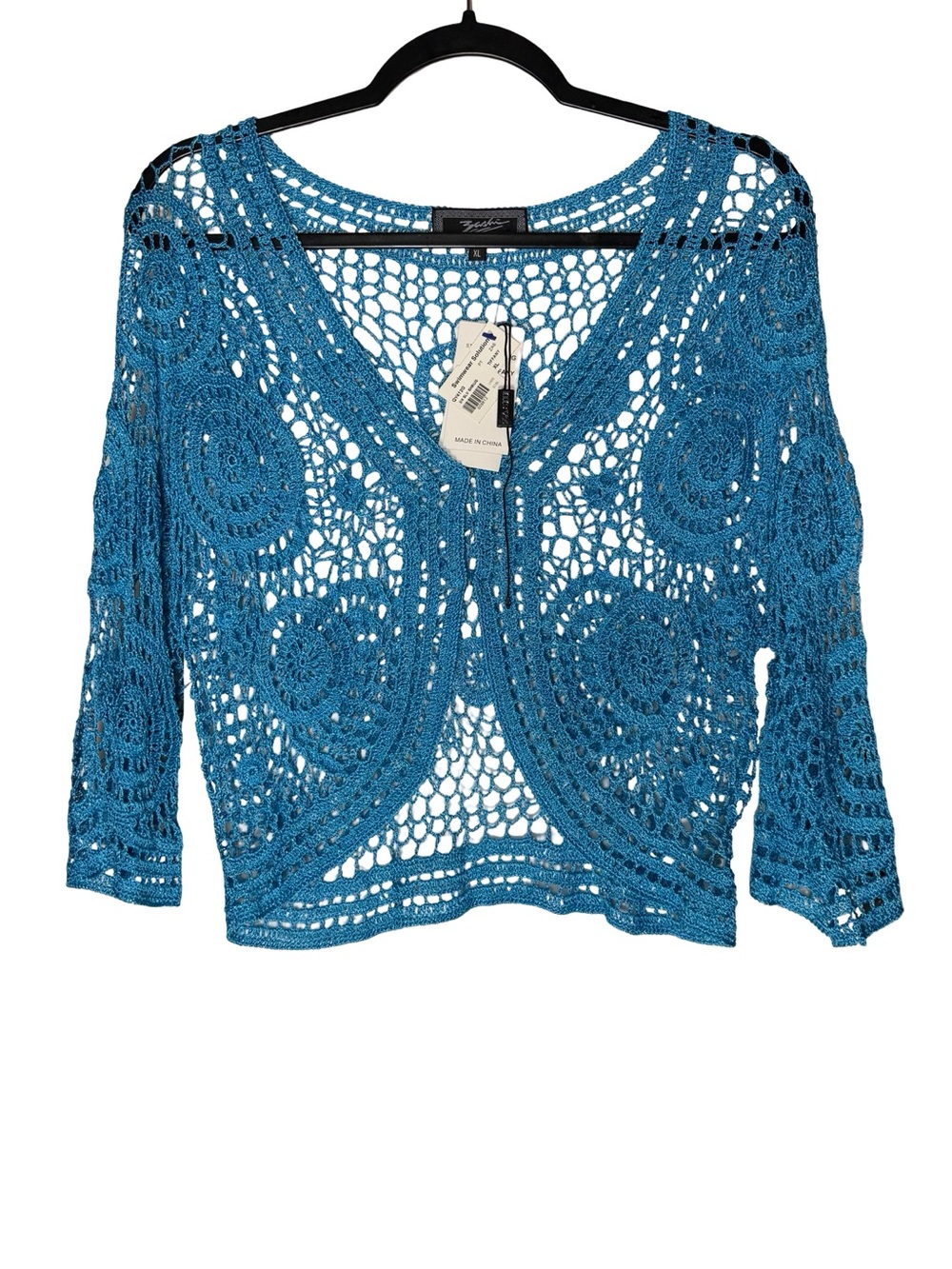 Zashi Womens XL Blue Metallic Crochet Bolero Shrug Open Knit Beach Cover Up NWT